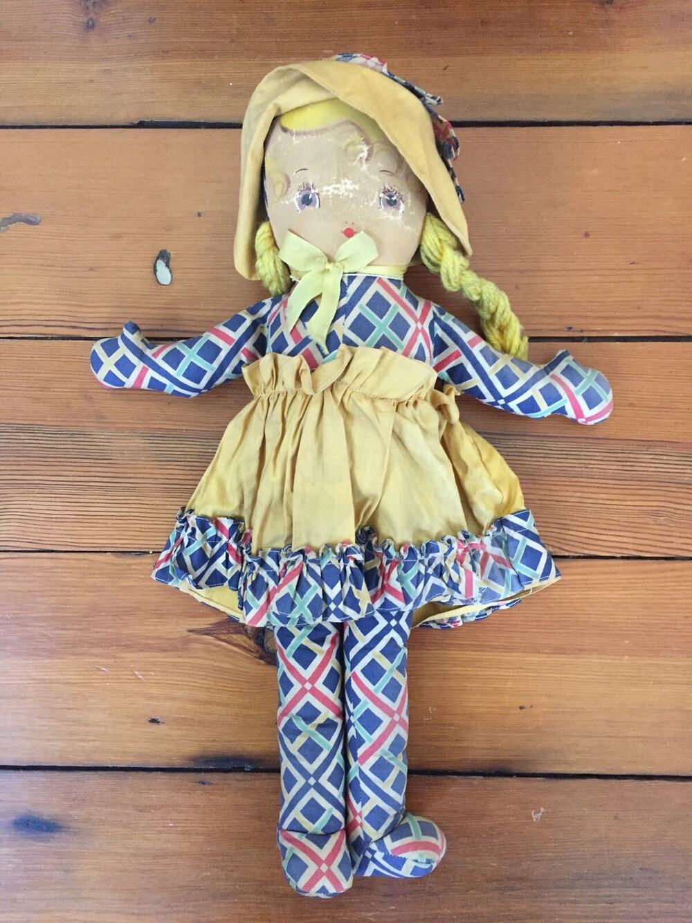Vintage Antique Blond Braid Harlequin Bonnet Tattered Worn Stuffed Rag Doll 19"